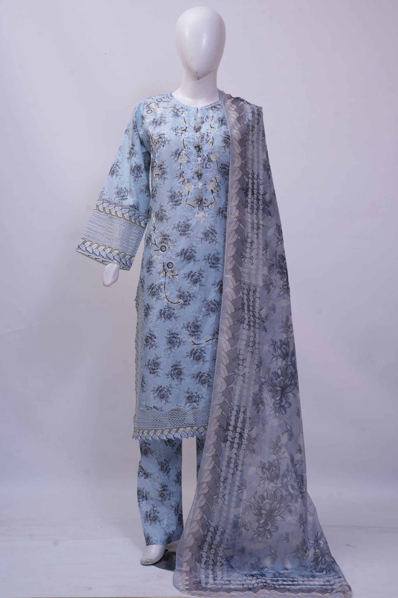 Ice Blue Floral Embroidered 3-Piece Stitched Suit