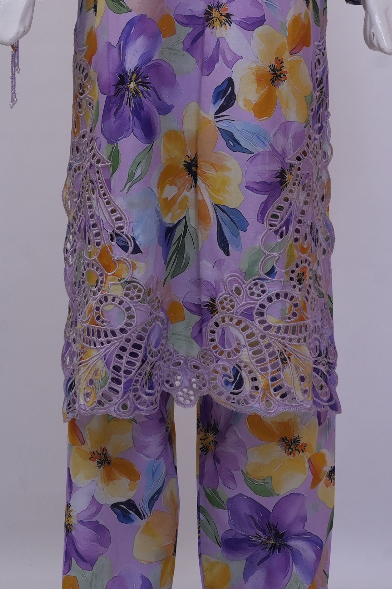 Purple Botanical Floral Schiffli Embroidered 3-Piece Stitched Suit