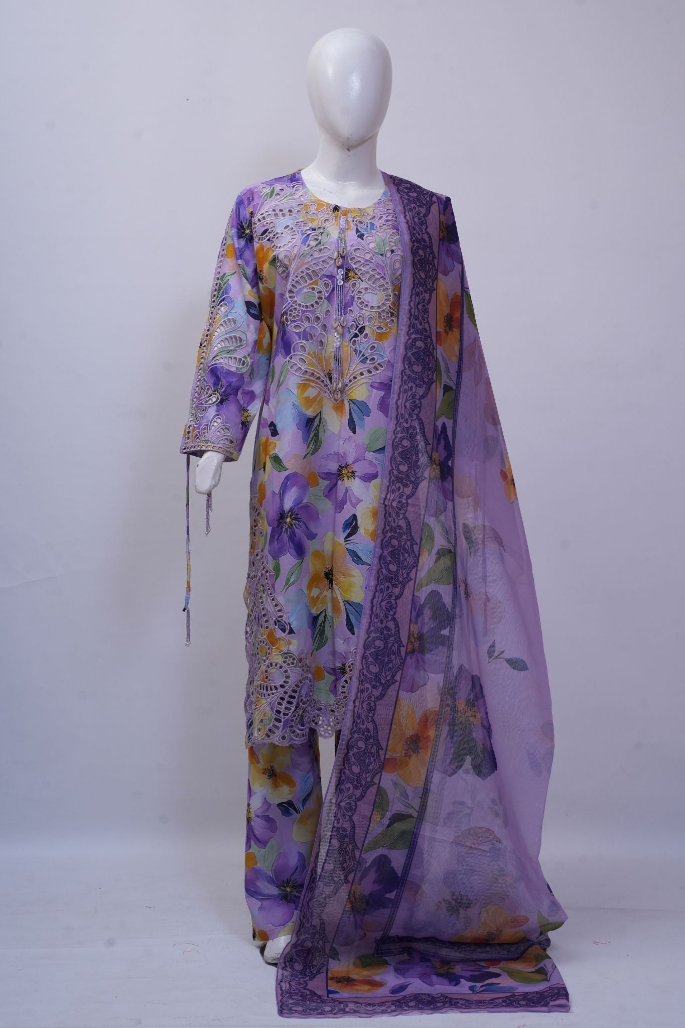 Purple Botanical Floral Schiffli Embroidered 3-Piece Stitched Suit