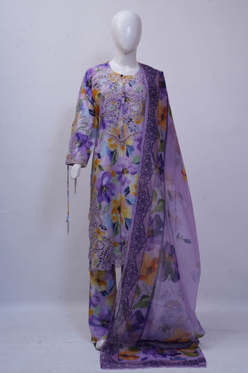 Purple Botanical Floral Schiffli Embroidered 3-Piece Stitched Suit