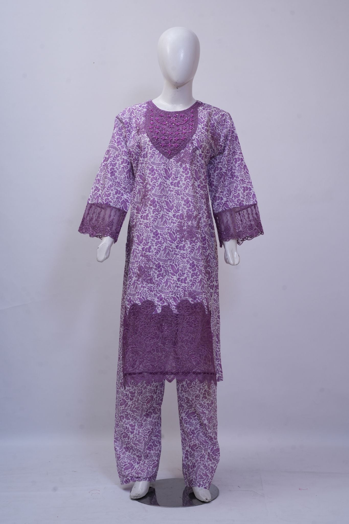 Soft Lavender Leaf Print Embroidered 3-Piece Stitched Suit