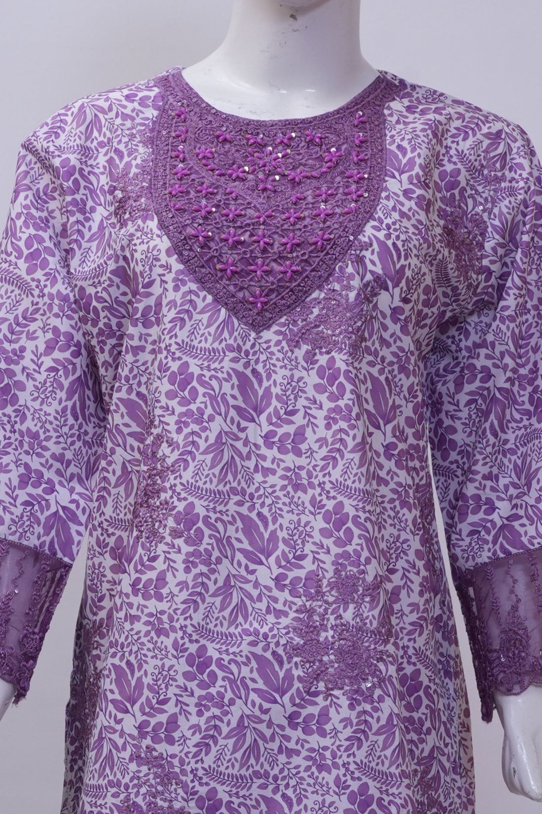 Soft Lavender Leaf Print Embroidered 3-Piece Stitched Suit