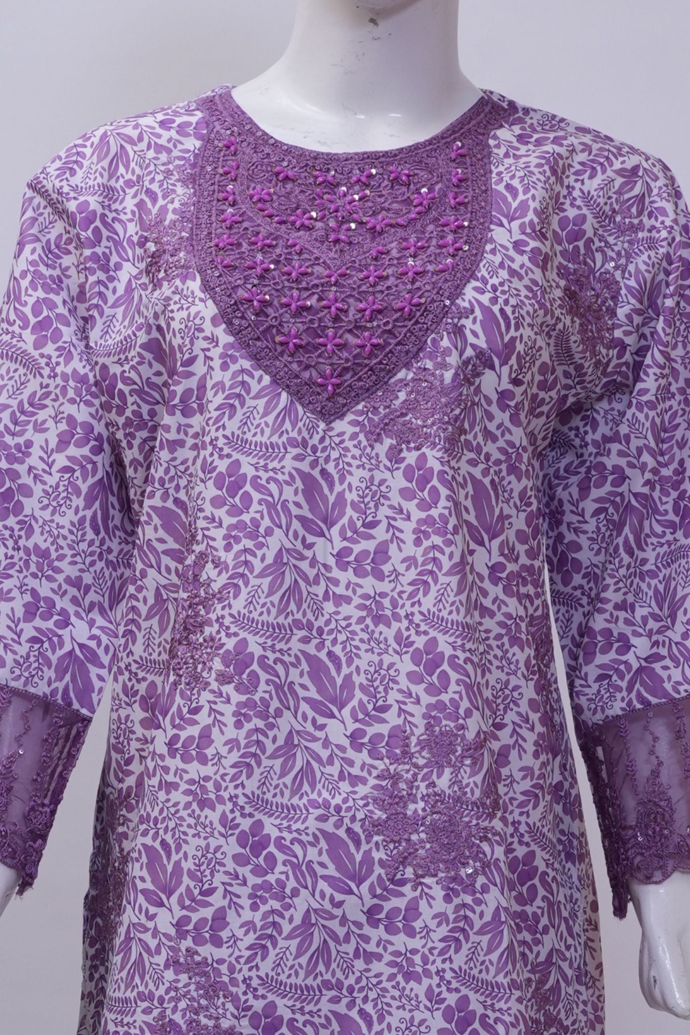 Soft Lavender Leaf Print Embroidered 3-Piece Stitched Suit