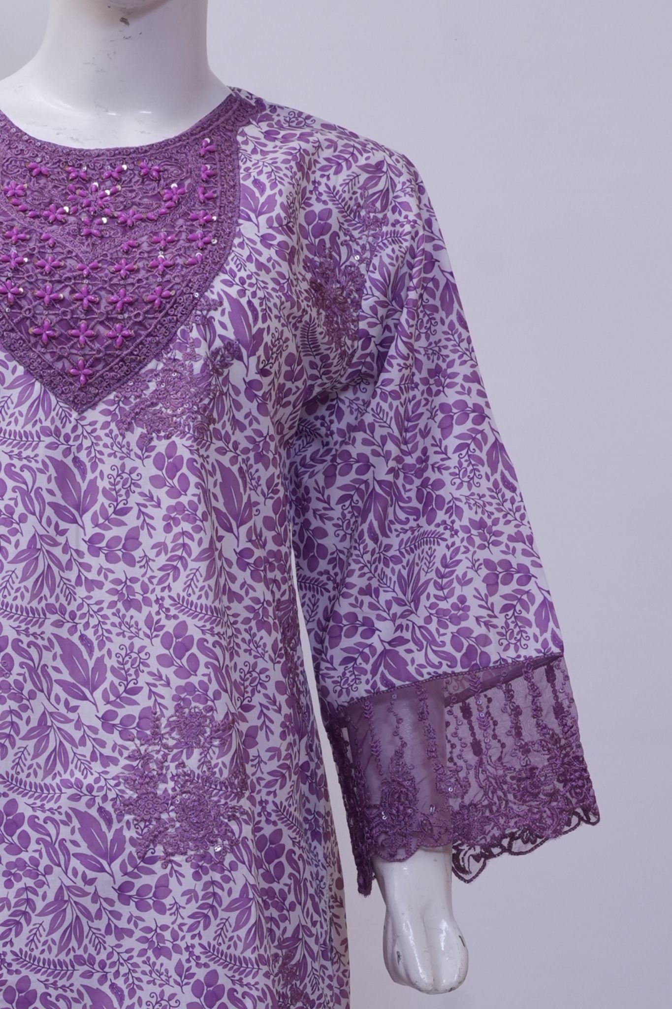 Soft Lavender Leaf Print Embroidered 3-Piece Stitched Suit
