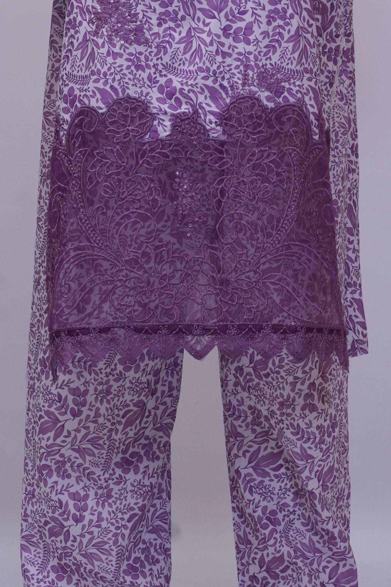 Soft Lavender Leaf Print Embroidered 3-Piece Stitched Suit