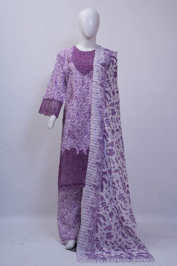 Soft Lavender Leaf Print Embroidered 3-Piece Stitched Suit