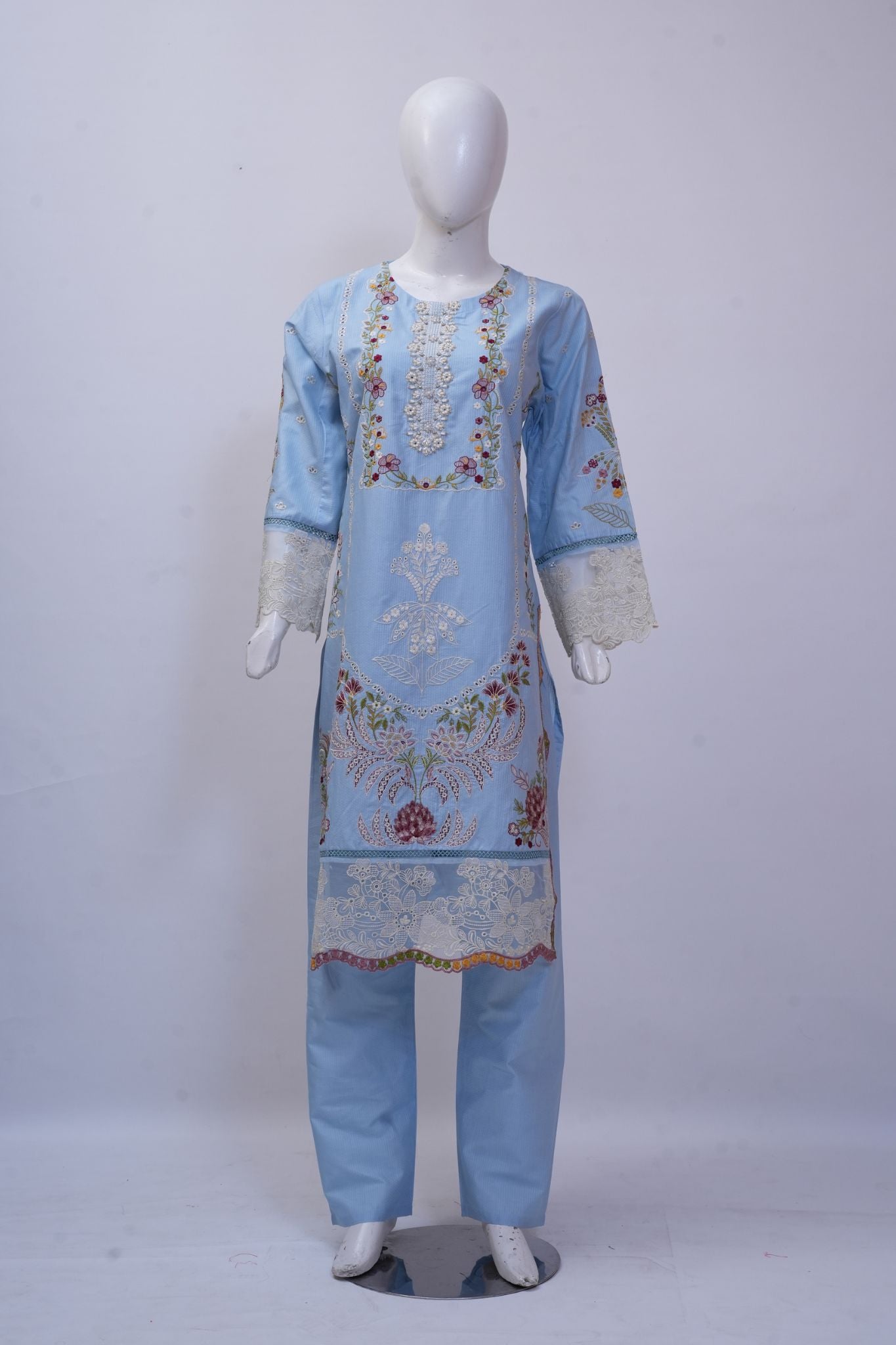 Sky Blue Floral Embroidered 3-Piece Stitched Suit