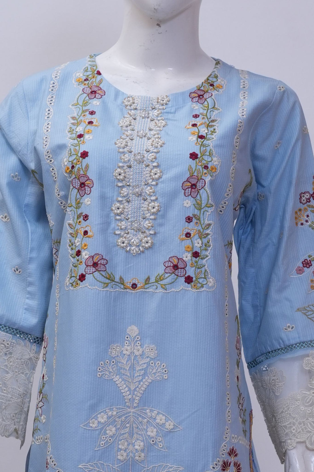 Sky Blue Floral Embroidered 3-Piece Stitched Suit