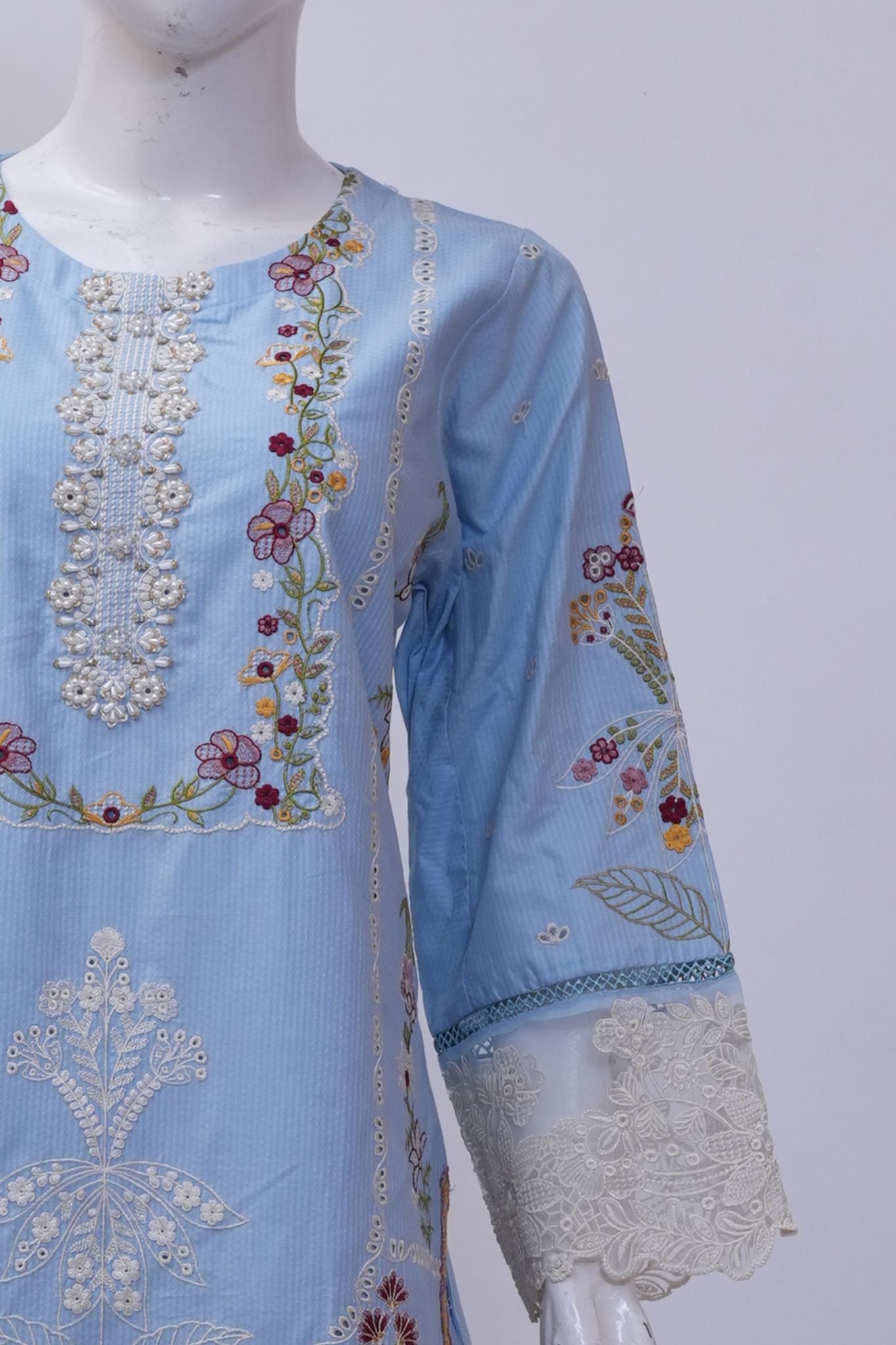 Sky Blue Floral Embroidered 3-Piece Stitched Suit