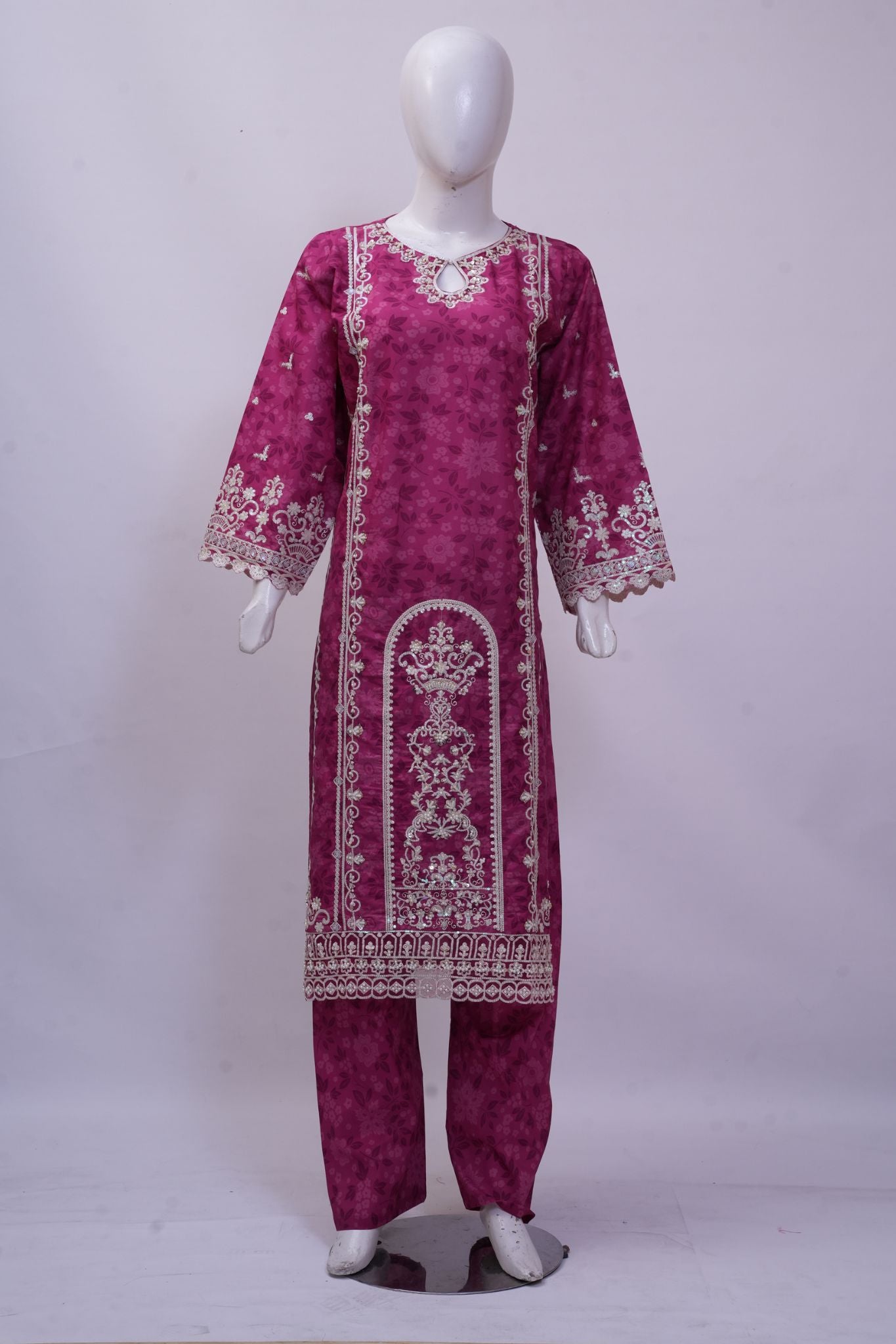 Vibrant Magenta Floral Embroidered 3-Piece Stitched Suit