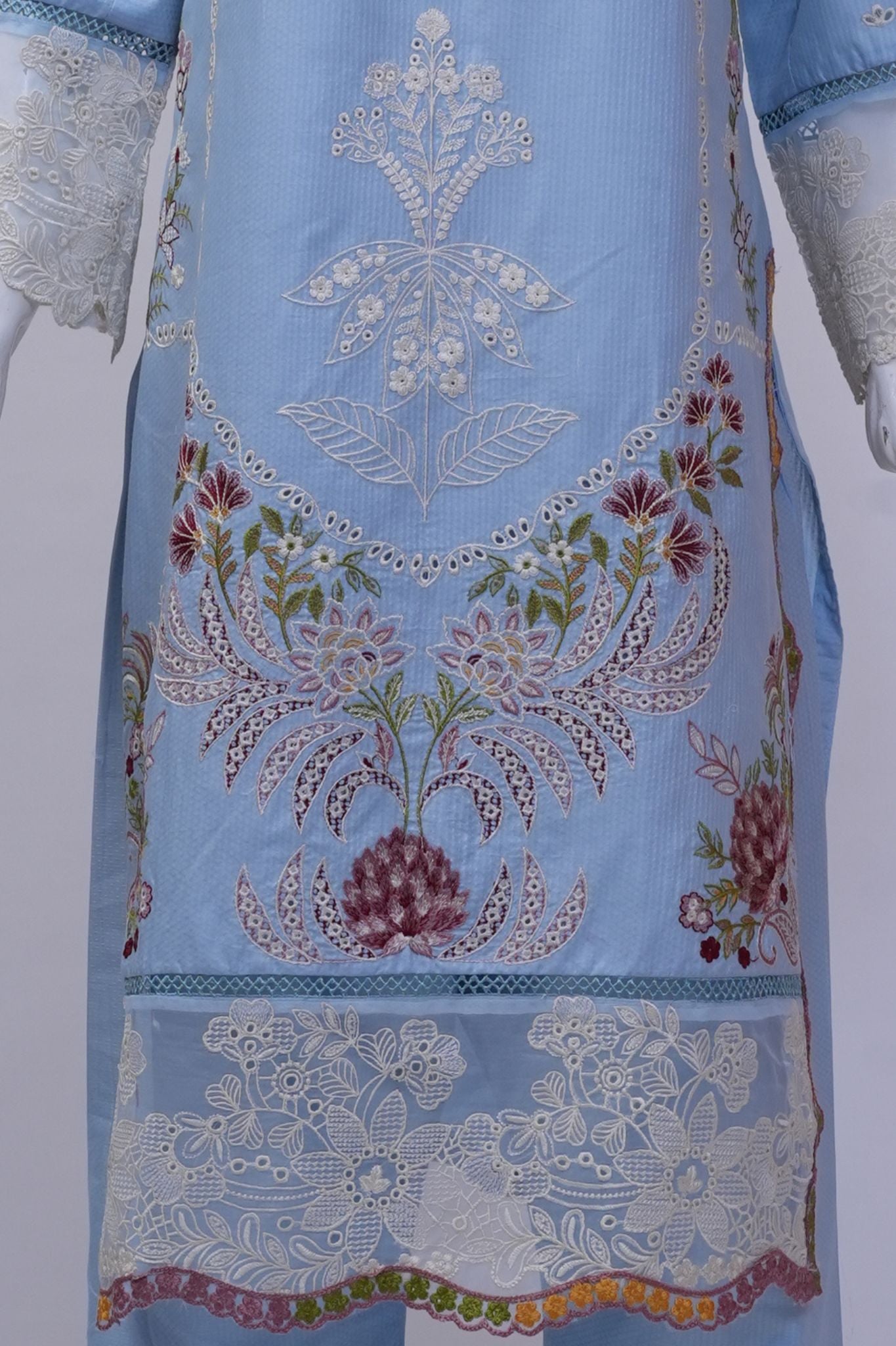 Sky Blue Floral Embroidered 3-Piece Stitched Suit