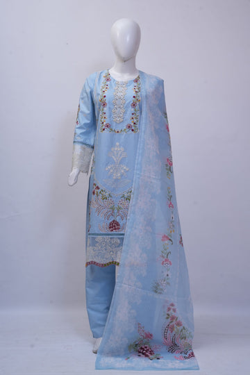 Sky Blue Floral Embroidered 3-Piece Stitched Suit