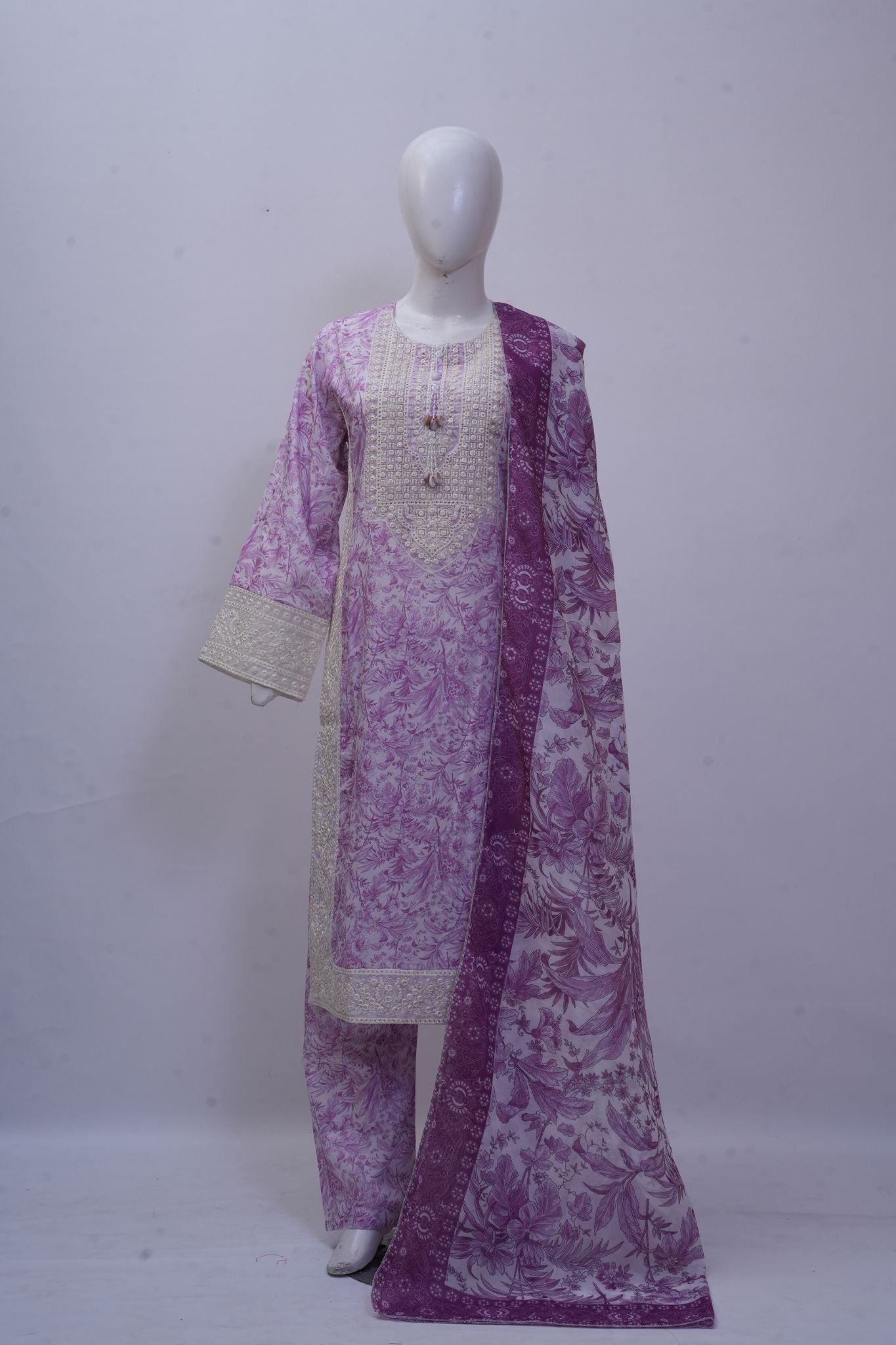Purple Floral Printed Embroidered 3-Piece Stitched Suit