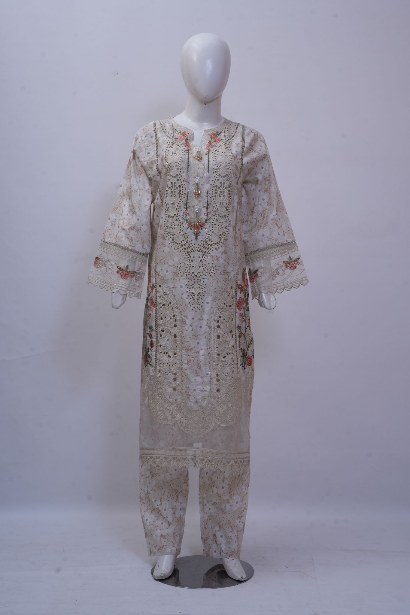 Ivory & Peach Floral Schiffli Embroidered 3-Piece Stitched Suit