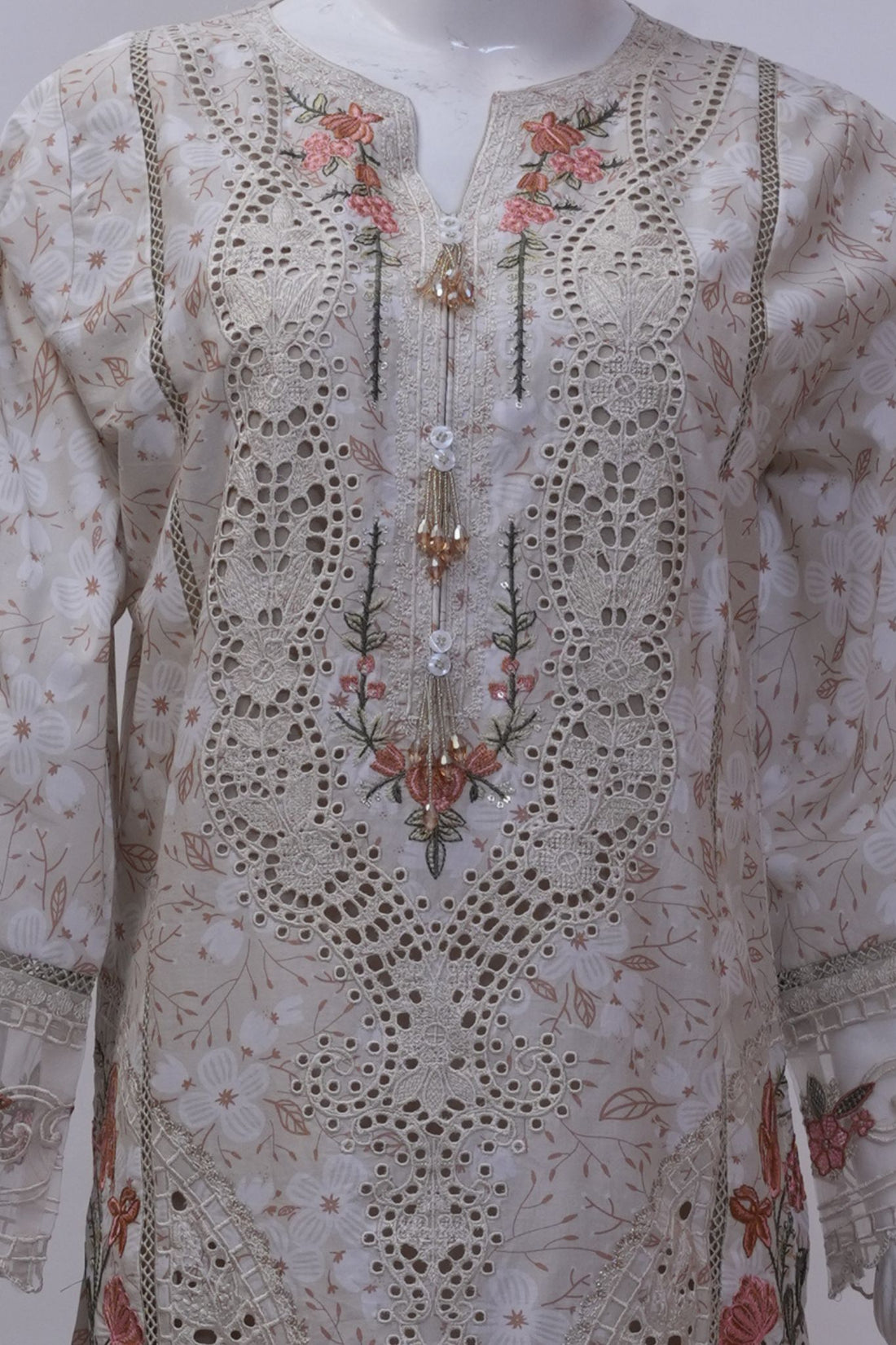 Ivory & Peach Floral Schiffli Embroidered 3-Piece Stitched Suit