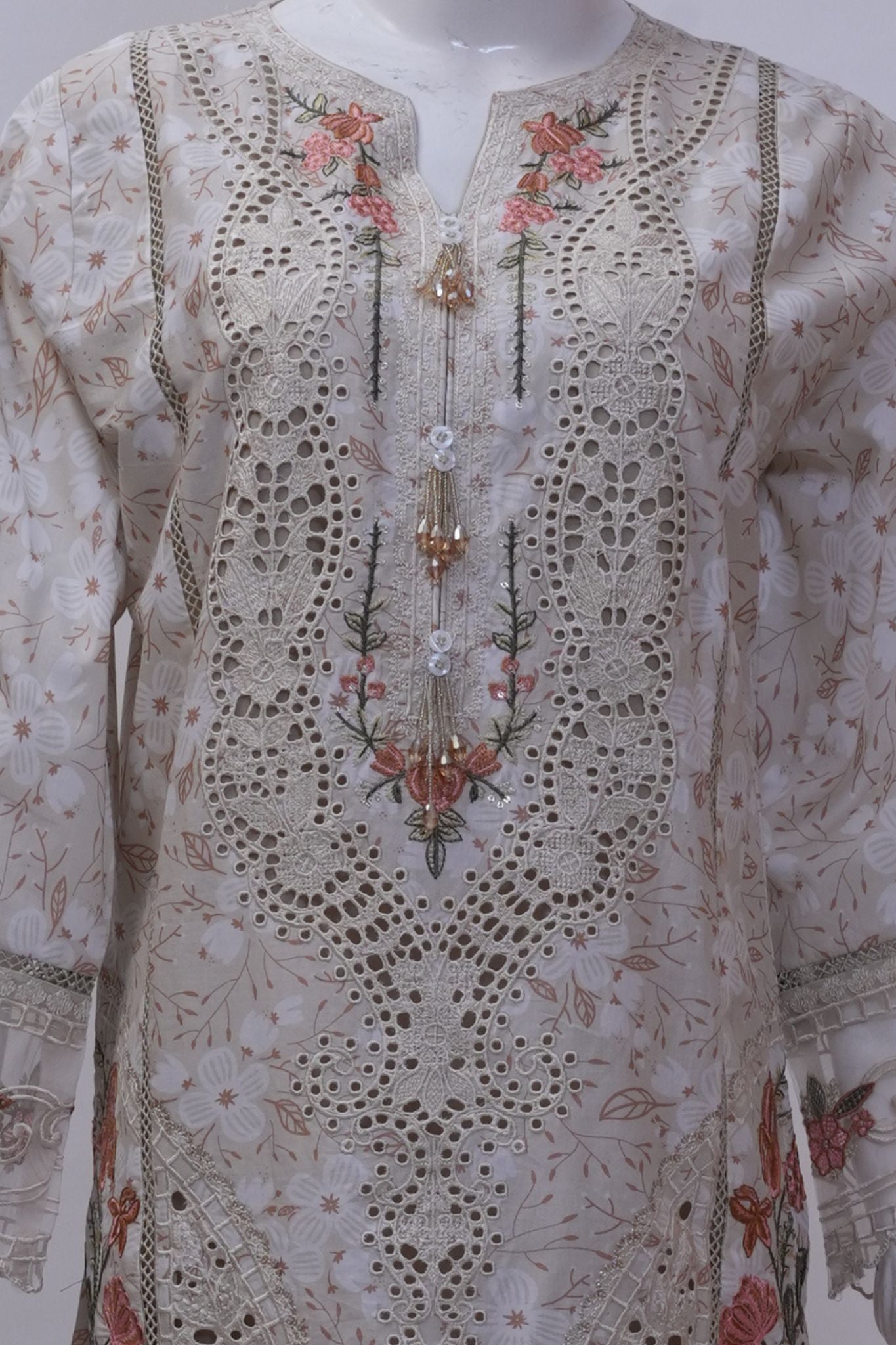 Ivory & Peach Floral Schiffli Embroidered 3-Piece Stitched Suit