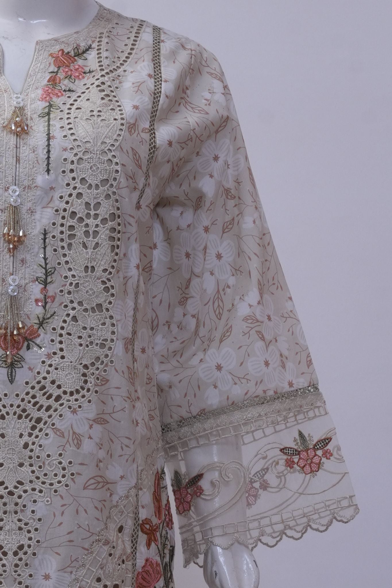 Ivory & Peach Floral Schiffli Embroidered 3-Piece Stitched Suit