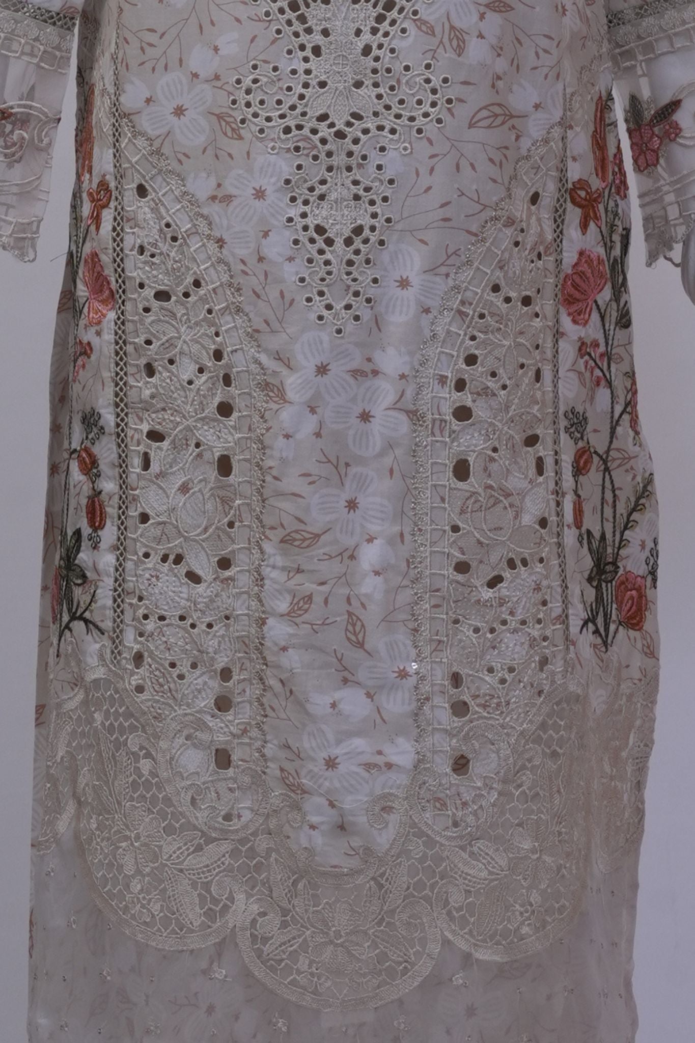 Ivory & Peach Floral Schiffli Embroidered 3-Piece Stitched Suit