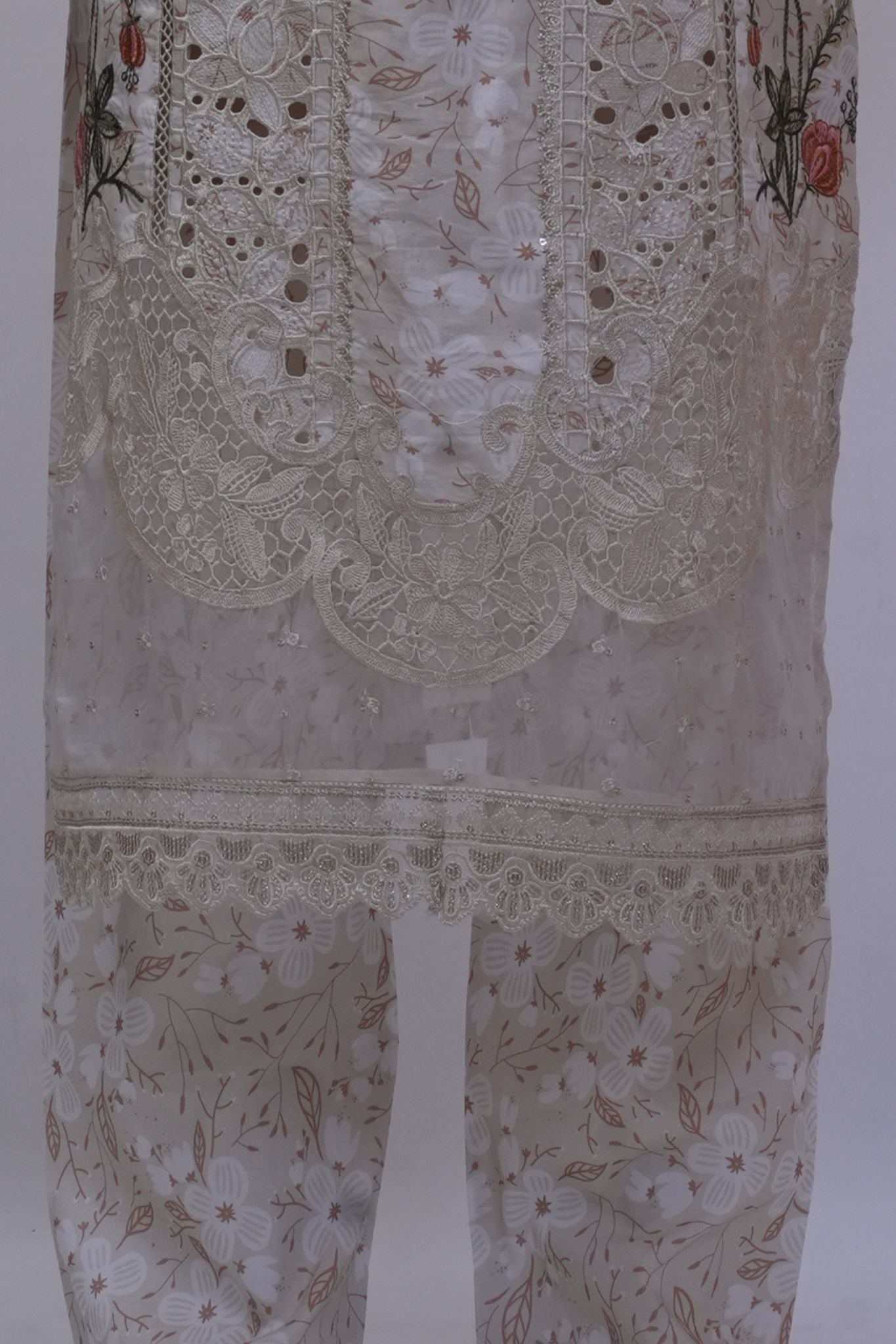 Ivory & Peach Floral Schiffli Embroidered 3-Piece Stitched Suit