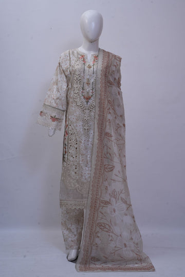 Ivory & Peach Floral Schiffli Embroidered 3-Piece Stitched Suit