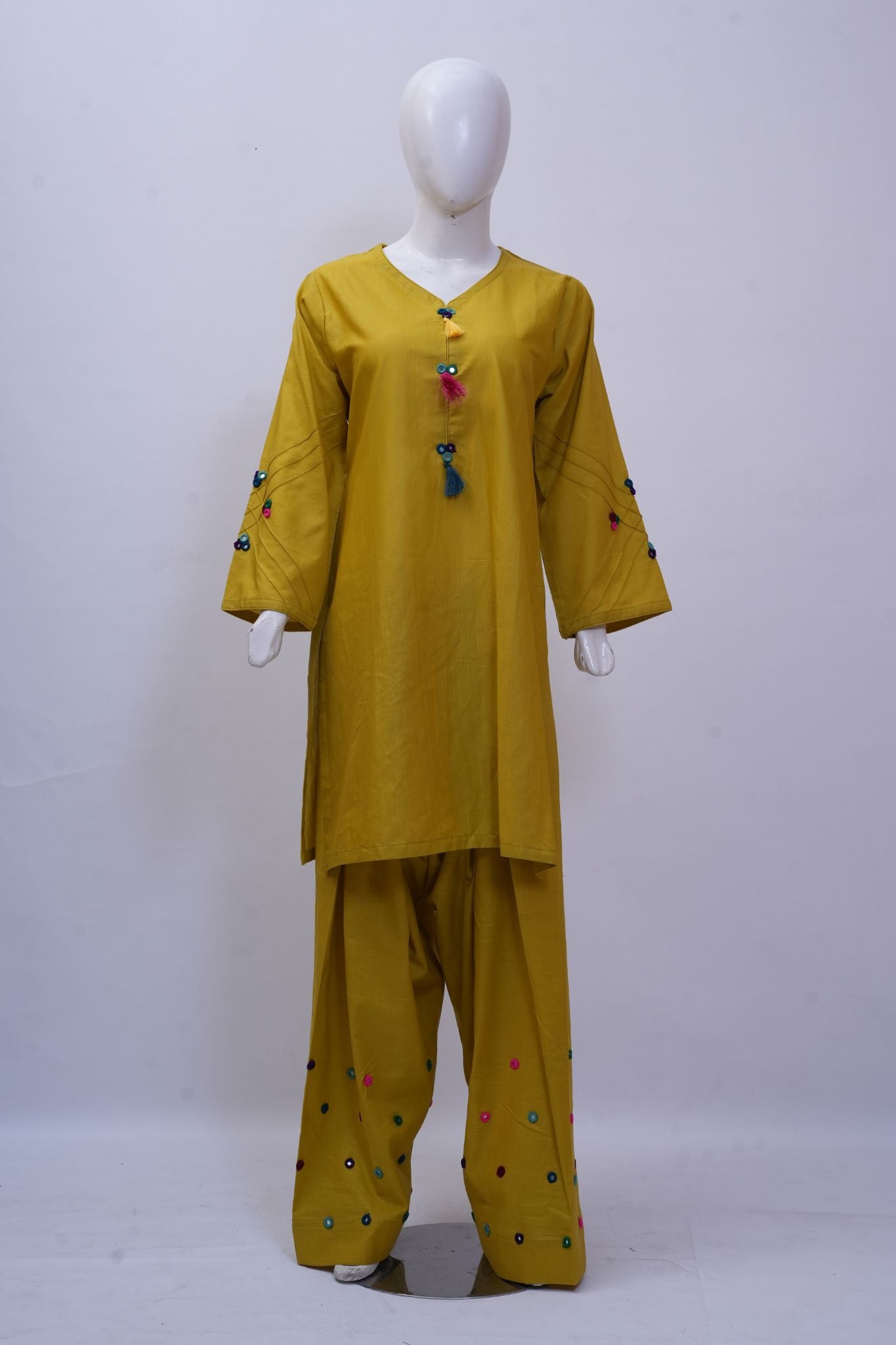 Vibrant Mustard Yellow Mirror-Work 3-Piece Stitched Suit