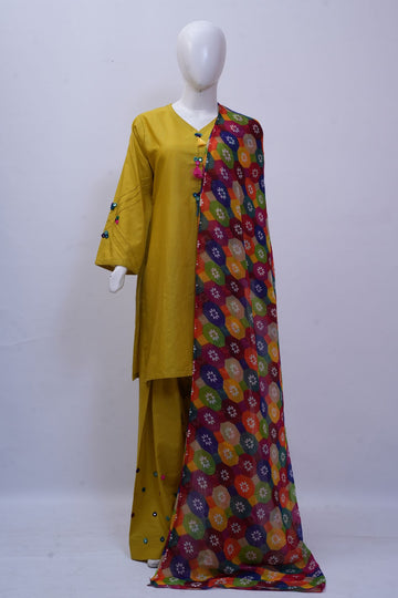 Vibrant Mustard Yellow Mirror-Work 3-Piece Stitched Suit