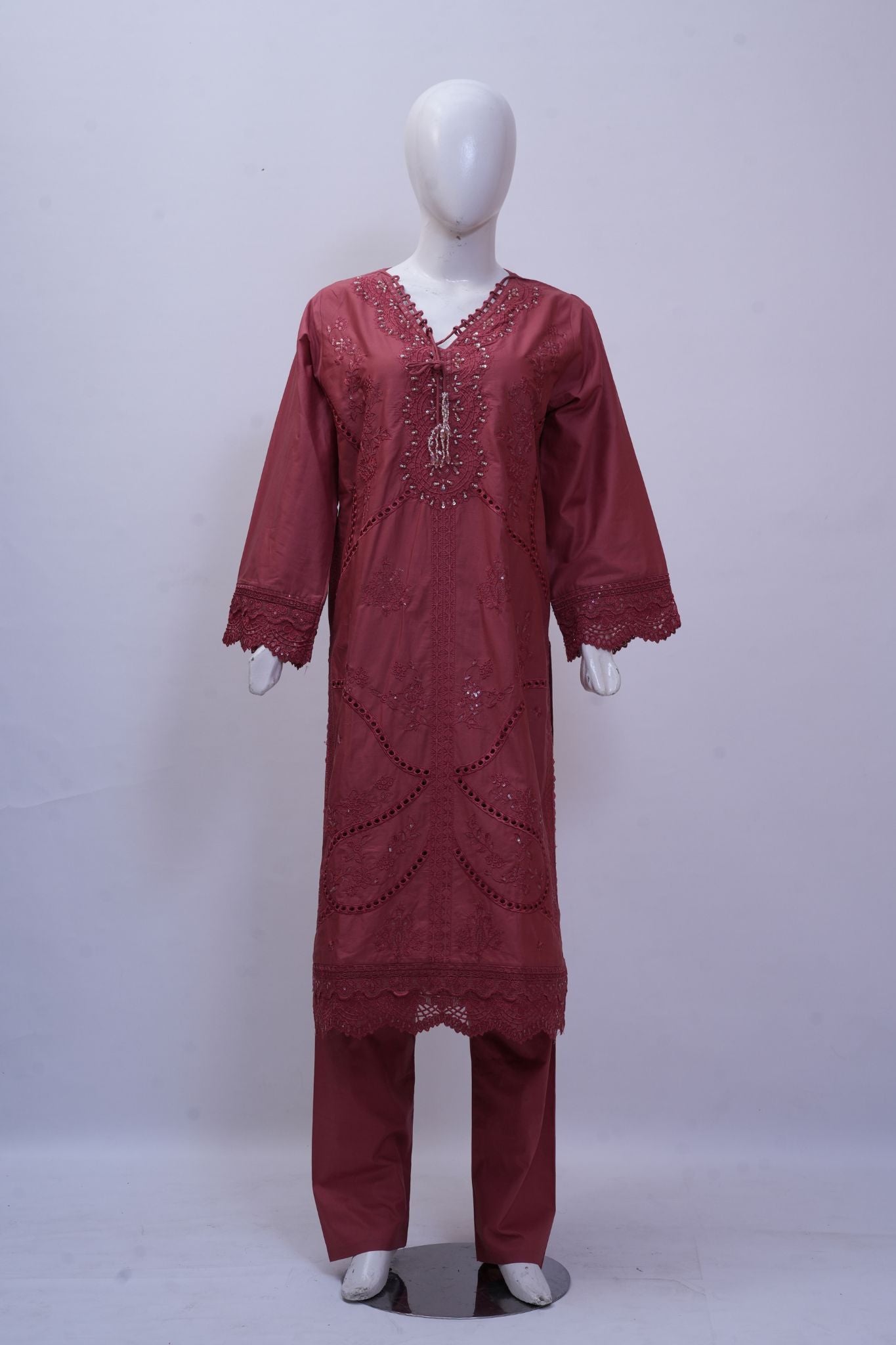 Deep Plum Embroidered Schiffli 3-Piece Stitched Suit