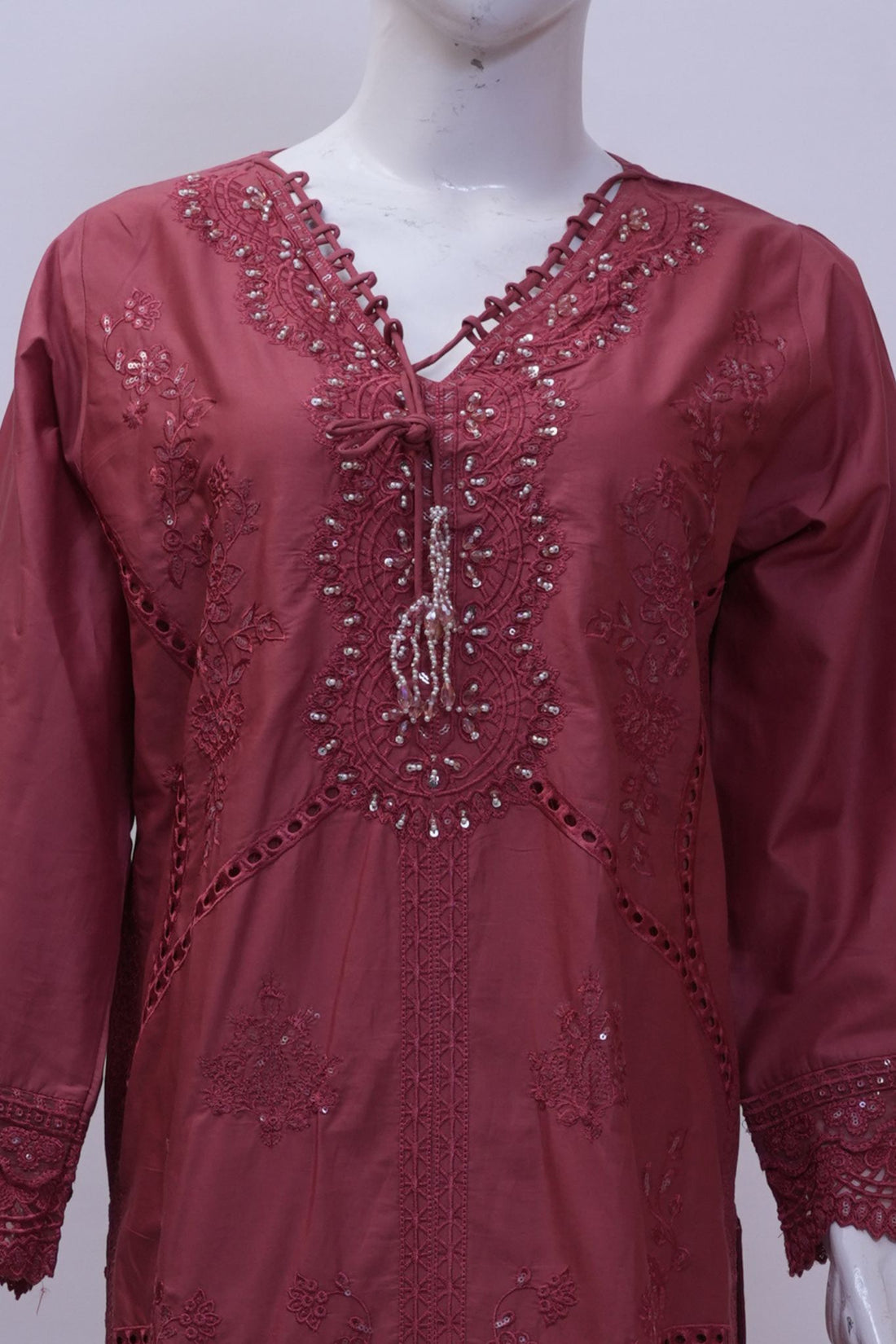 Deep Plum Embroidered Schiffli 3-Piece Stitched Suit