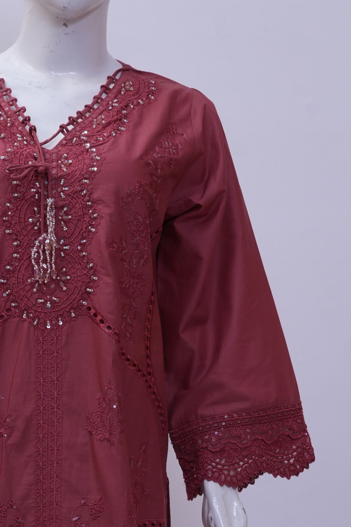 Deep Plum Embroidered Schiffli 3-Piece Stitched Suit