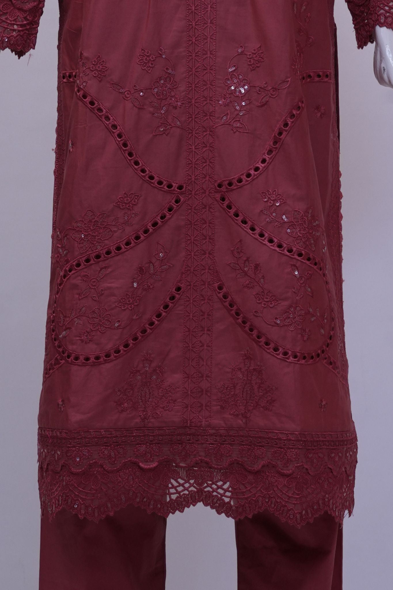 Deep Plum Embroidered Schiffli 3-Piece Stitched Suit