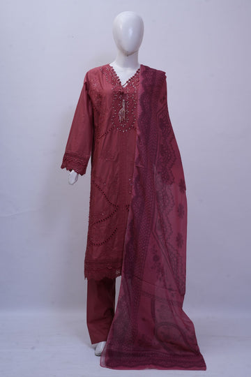 Deep Plum Embroidered Schiffli 3-Piece Stitched Suit