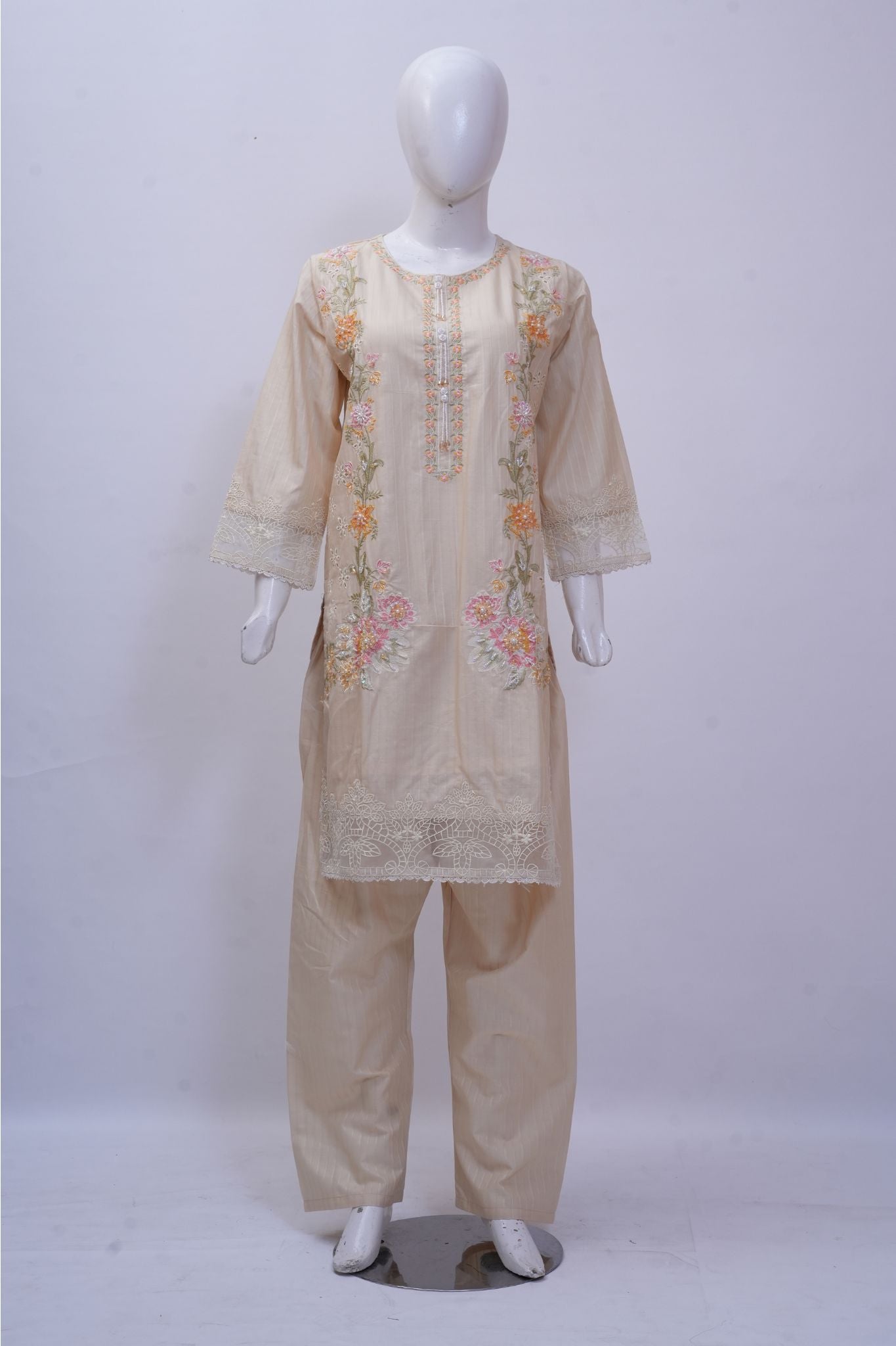 Pastel Beige Floral Embroidered 3-Piece Stitched Suit
