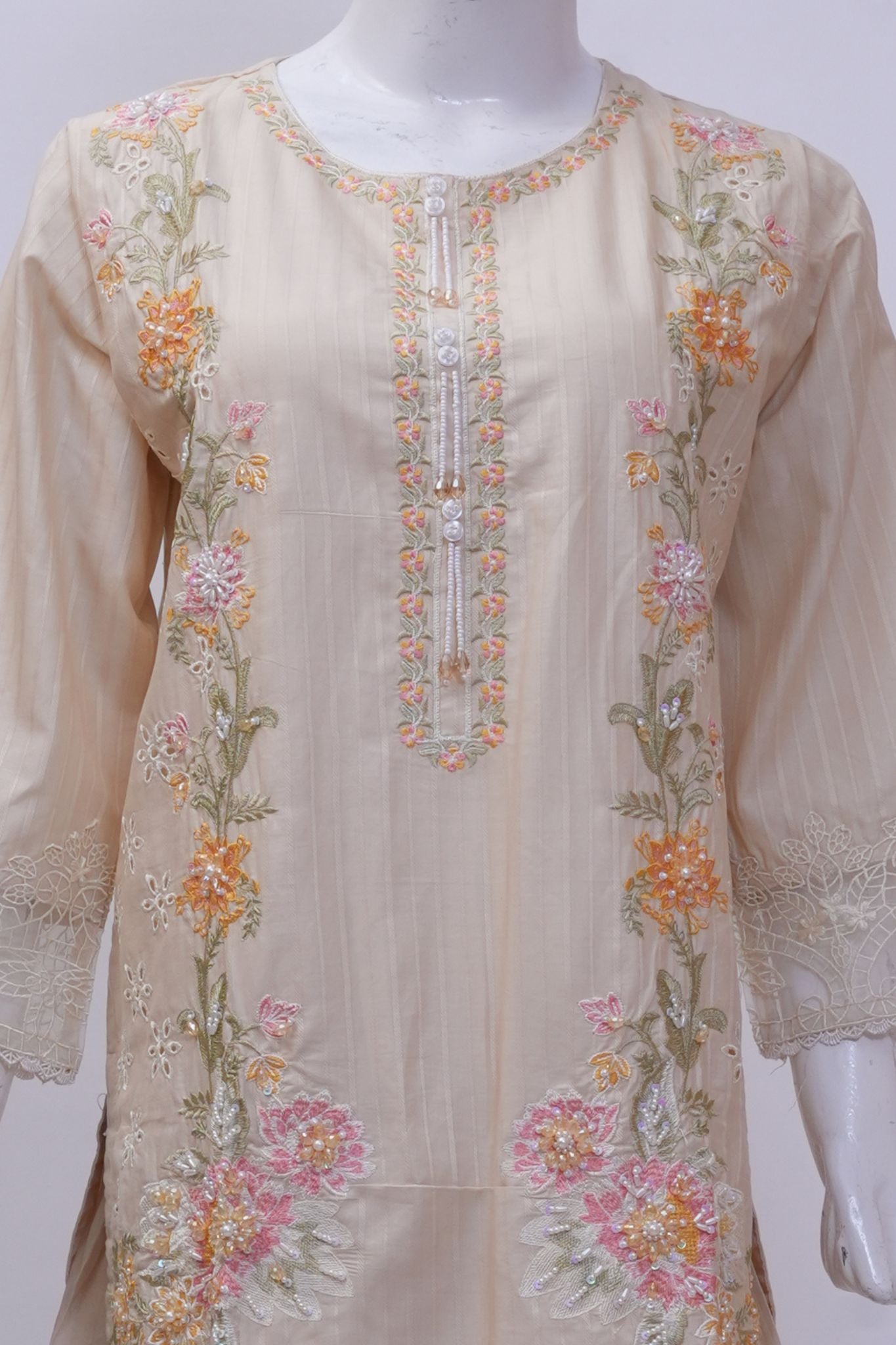 Pastel Beige Floral Embroidered 3-Piece Stitched Suit